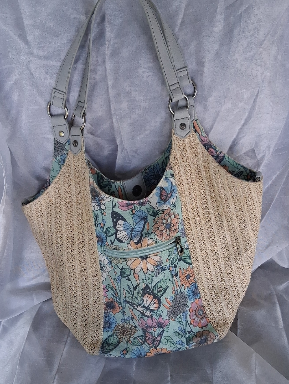 Sakroots Floral Butterfly Tote in Mint, Beige & Pastel Accents